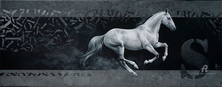 Painting titled "Grey Horse running…" by Skyzune Art, Original Artwork, Acrylic Mounted on Wood Stretcher frame