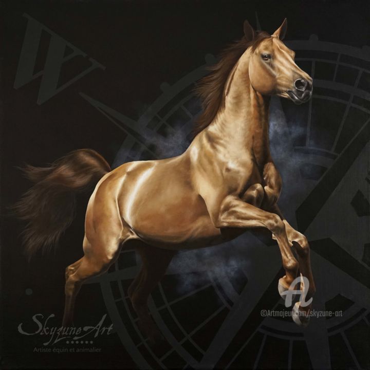 Painting titled "WEST Horse compass…" by Skyzune Art, Original Artwork, Oil Mounted on Wood Stretcher frame