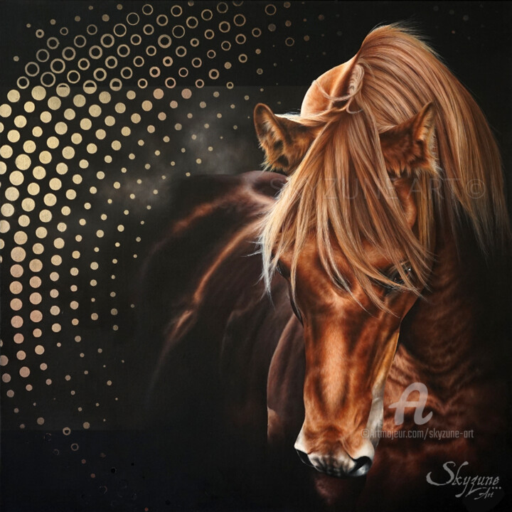 Pintura intitulada "AGAPAO Horse painti…" por Skyzune Art, Obras de arte originais, Óleo Montado em Armação em madeira