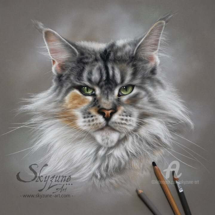 Drawing titled "DIVINE - Cat portra…" by Skyzune Art, Original Artwork, Pastel
