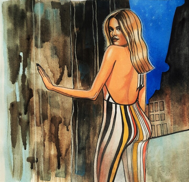 Картина под названием "Night walk" - Anna B, Подлинное произведение искусства, Акварель
