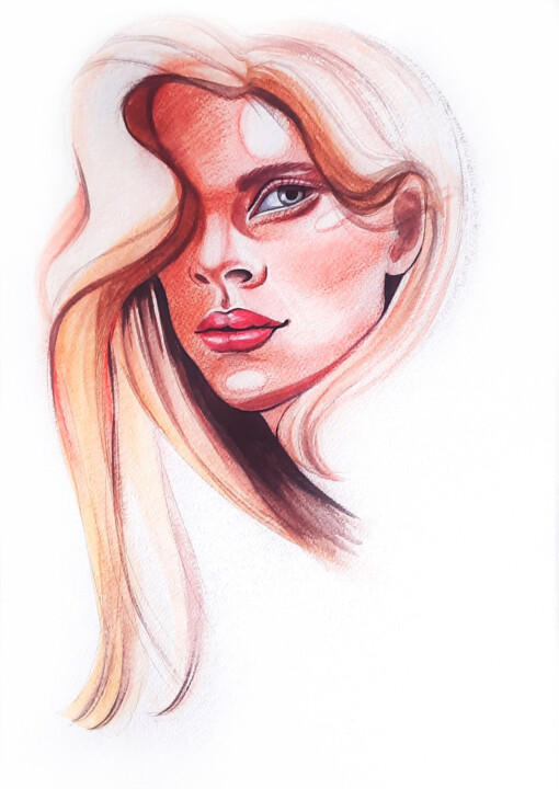 Картина под названием "Blue-eyed blonde" - Anna B, Подлинное произведение искусства, Акварель