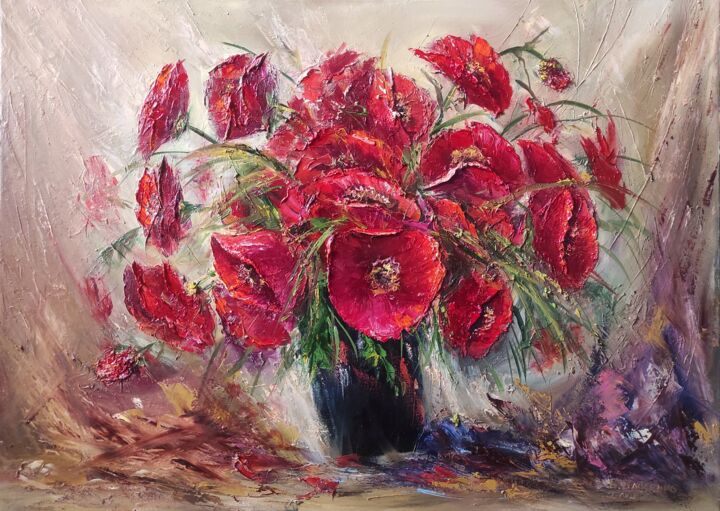 Painting titled "Red poppies" by Slava Vlasenko, Original Artwork, Oil