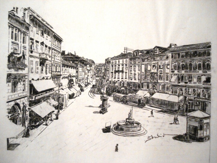 Drawing titled "Trieste,  charcoal…" by Slavic Astulic, Original Artwork, Charcoal