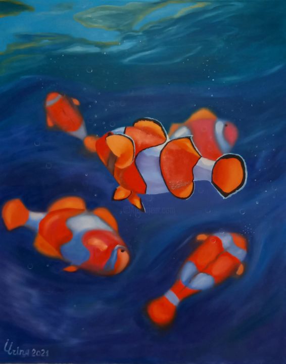 Pintura intitulada "clown fish" por Irina Ibragimova, Obras de arte originais, Óleo Montado em Armação em madeira