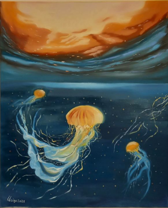 绘画 标题为“fantastic jellyfish” 由Irina Ibragimova, 原创艺术品, 油 安装在木质担架架上