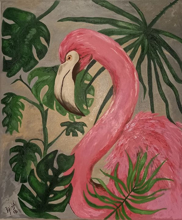 Painting titled "Flamingo" by Irina Ibragimova, Original Artwork, Oil Mounted on Wood Stretcher frame