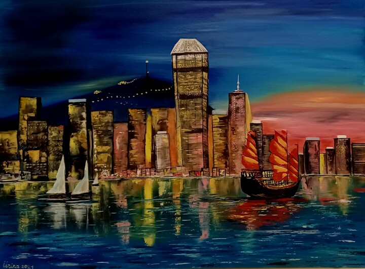 Painting titled "Hong Kong -my best…" by Irina Ibragimova, Original Artwork, Oil Mounted on Wood Stretcher frame