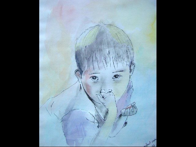 Dessin intitulée "ENFANT TIBETAIN" par Sandrine Lopez De Arias - Sla, Œuvre d'art originale,