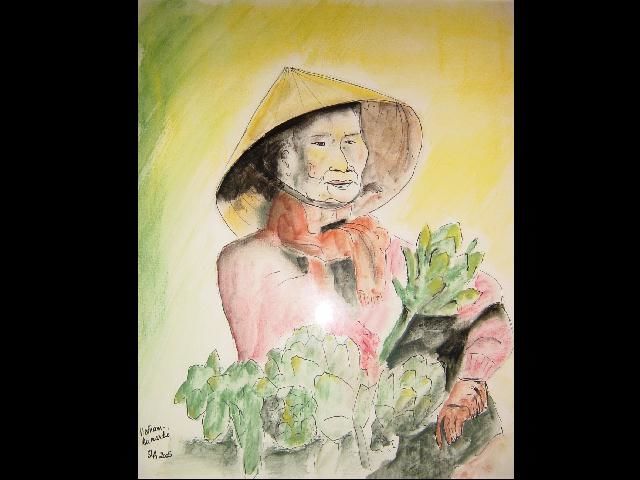 Drawing titled "Vietnam - Au marche" by Sandrine Lopez De Arias - Sla, Original Artwork