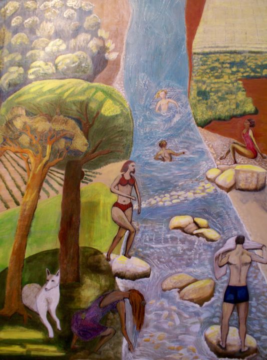 Painting titled "Bord de la rivière…" by Isabelle Slempkes, Original Artwork, Tempera