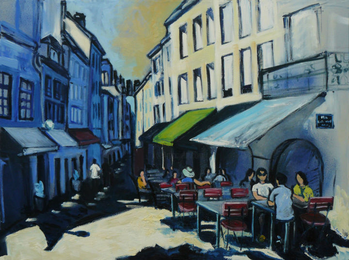 Malerei mit dem Titel "térrasse de café à…" von Sylvestre Leonard, Original-Kunstwerk, Acryl