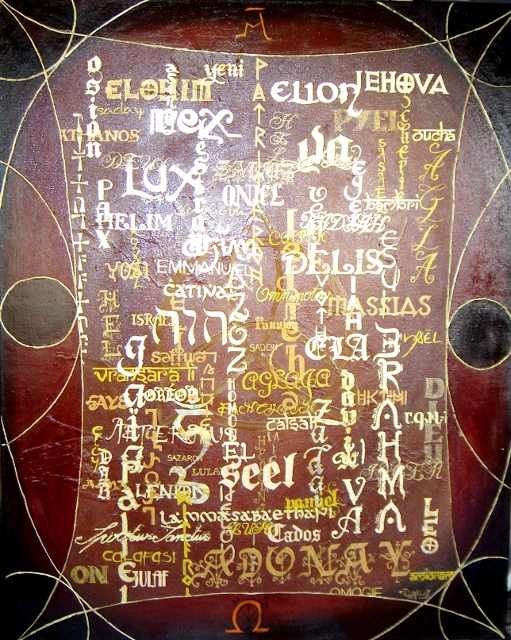 Schilderij getiteld "les 101 noms de Dieu" door Slharley, Origineel Kunstwerk, Olie