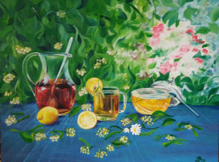 Картина под названием "Tea with lemon and…" - Jekaterina Belova, Подлинное произведение искусства, Масло
