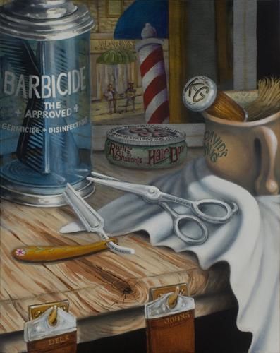 Painting titled "Joe's Barber Shop" by Robert Goldsberry, Original Artwork, Oil