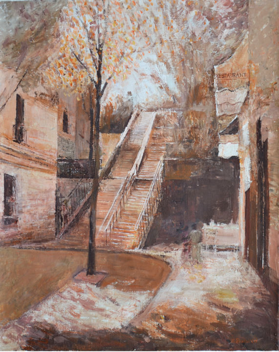 Painting titled "Stairs in Montmartr…" by Slobodan Paunovic, Original Artwork, Oil