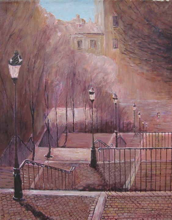 Painting titled ""Montmatre, stairs"" by Slobodan Paunovic, Original Artwork, Oil