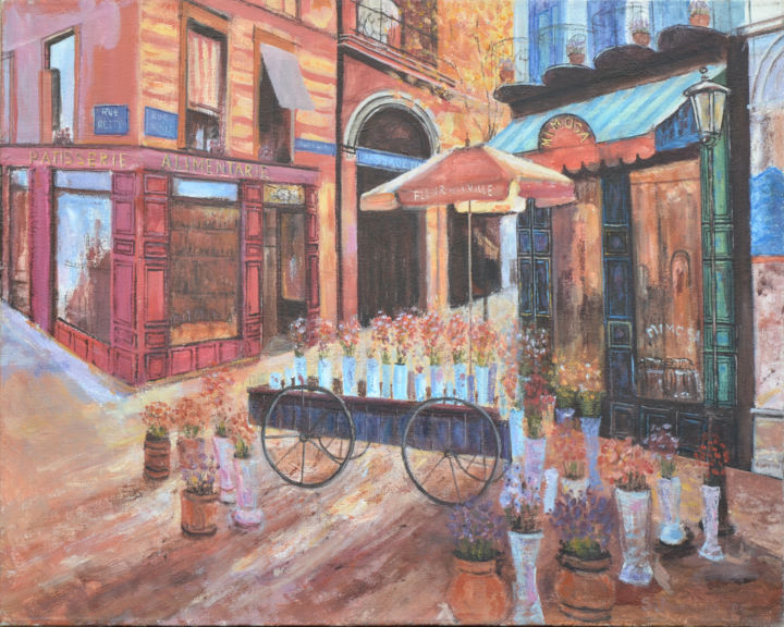 Schilderij getiteld "Cafe "Mimoza", Paris" door Slobodan Paunovic, Origineel Kunstwerk, Olie