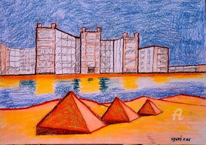 Painting titled "La mer et hotels/ce…" by Spaki, Original Art, Pastel