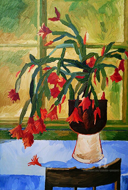 Malerei mit dem Titel "Cactus en fleur" von Slobodan Spasojevic (Spaki), Original-Kunstwerk, Öl