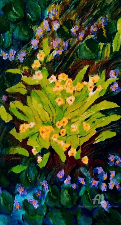 Painting titled "Motif de printemps" by Slobodan Spasojevic (Spaki), Original Artwork, Oil Mounted on Cardboard