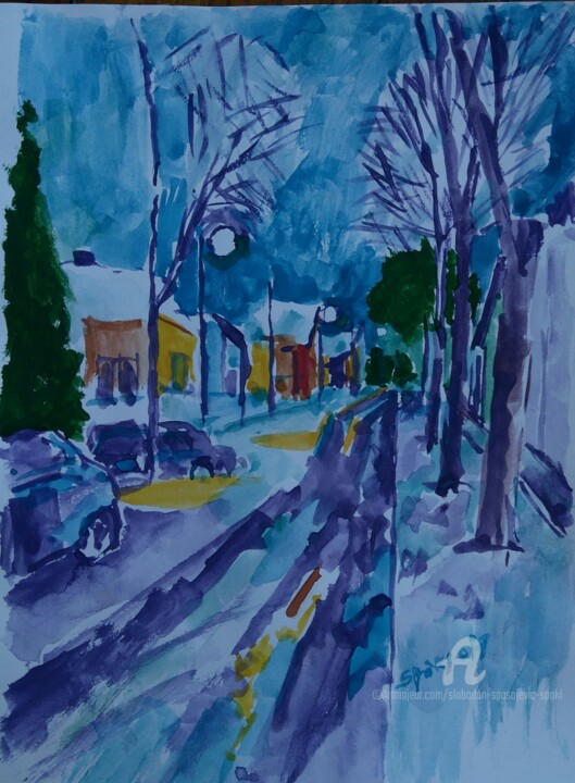 Painting titled "Sous la neige" by Slobodan Spasojevic (Spaki), Original Artwork, Watercolor