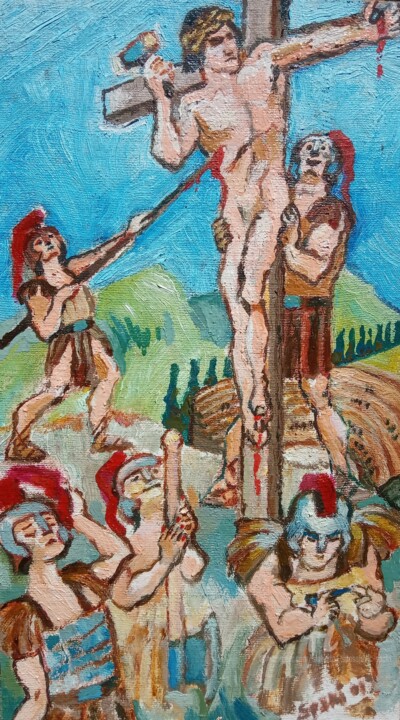 Painting titled "Les pretoriens" by Slobodan Spasojevic (Spaki), Original Artwork, Oil Mounted on Cardboard