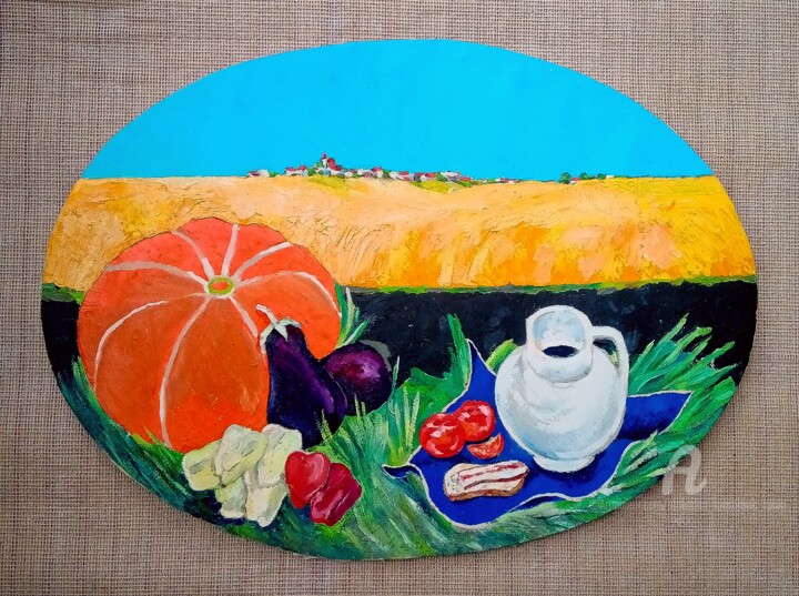 绘画 标题为“Paysage dans oval” 由Slobodan Spasojevic (Spaki), 原创艺术品, 油 安装在木板上