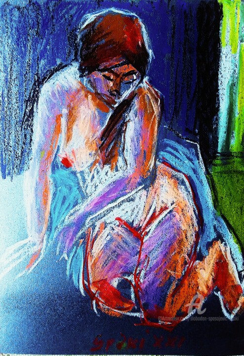 Painting titled "Femme nue assise" by Slobodan Spasojevic (Spaki), Original Artwork, Pastel