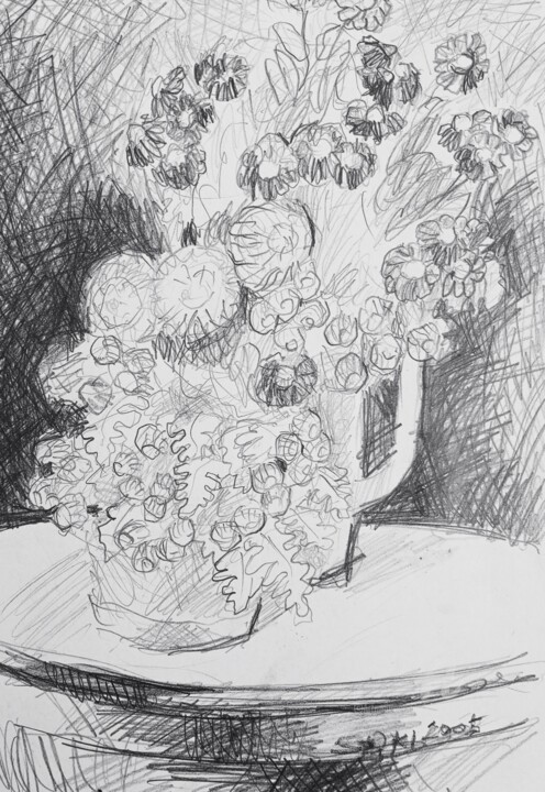 Drawing titled "Les fleurs sur tabl…" by Slobodan Spasojevic (Spaki), Original Artwork, Graphite