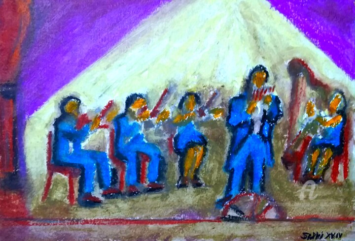 Painting titled "Concert, trois viol…" by Slobodan Spasojevic (Spaki), Original Artwork, Pastel