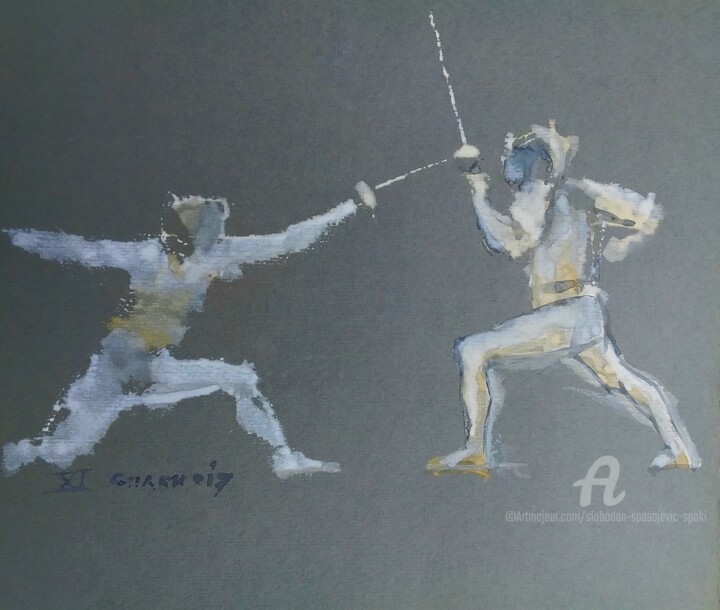 Painting titled "Attaque et defense" by Slobodan Spasojevic (Spaki), Original Artwork, Watercolor