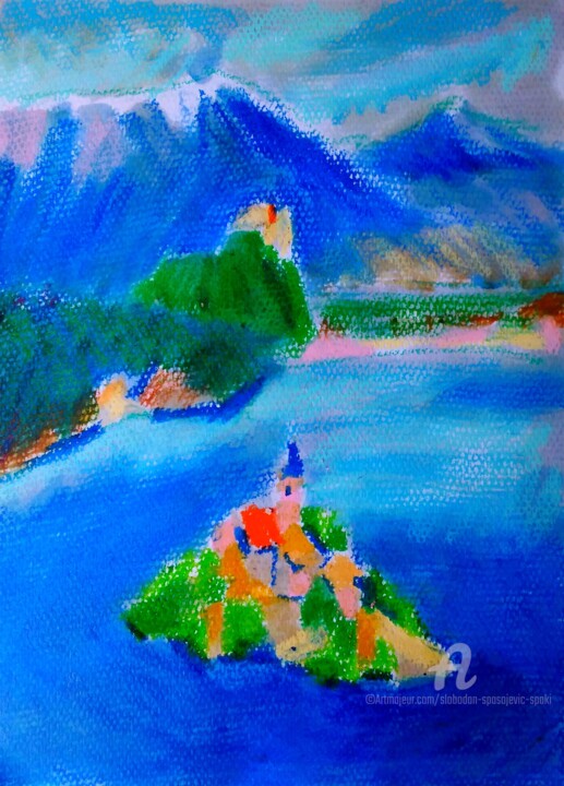 Peinture intitulée "Lac de Bled" par Slobodan Spasojevic (Spaki), Œuvre d'art originale, Pastel