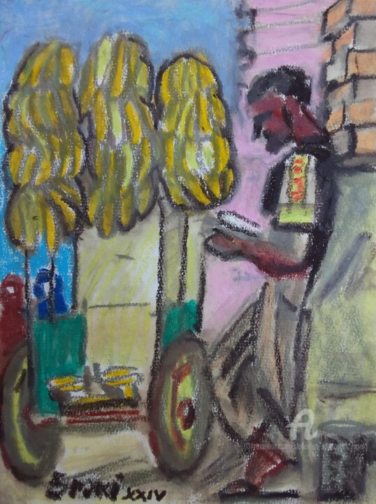 Painting titled "Vendeur de bananes" by Slobodan Spasojevic (Spaki), Original Artwork, Pastel