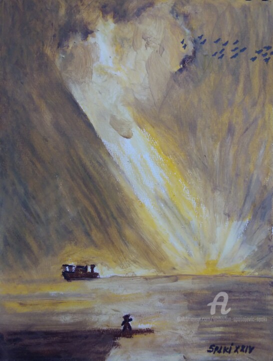 Painting titled "Coucher de soleil:…" by Slobodan Spasojevic (Spaki), Original Artwork, Pastel
