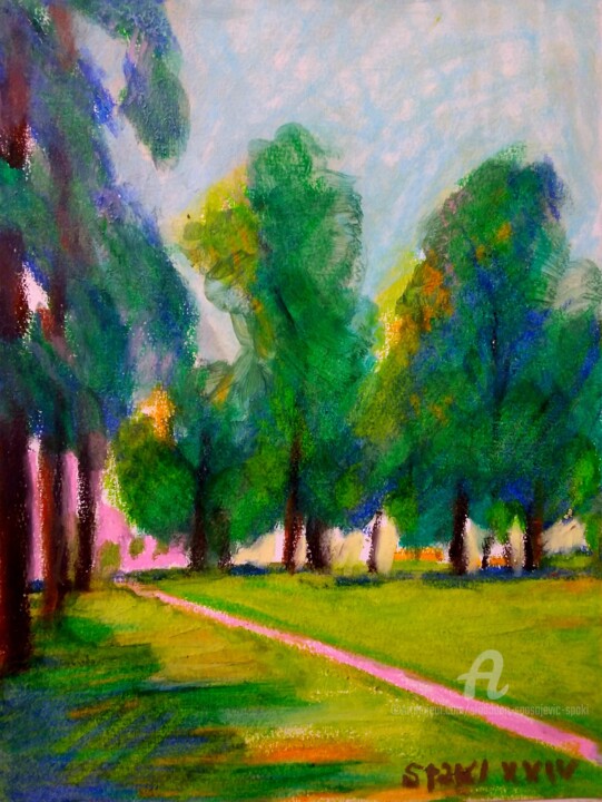 Painting titled "Vert, je t'aime vert" by Slobodan Spasojevic (Spaki), Original Artwork, Pastel