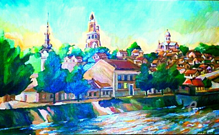 Pintura intitulada "Vue  sur Zemun de…" por Slobodan Spasojevic (Spaki), Obras de arte originais, Óleo