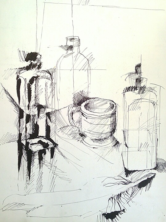 Drawing titled "Arangement avec plu…" by Slobodan Spasojevic (Spaki), Original Artwork, Ink