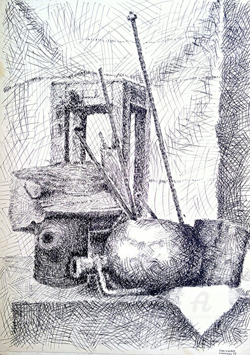 Drawing titled "Dans l'atelier" by Slobodan Spasojevic (Spaki), Original Artwork, Ink
