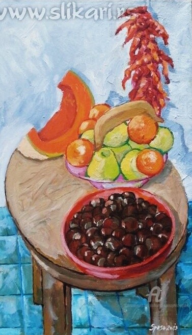 Painting titled "Nature morte avec p…" by Slobodan Spasojevic (Spaki), Original Artwork, Oil