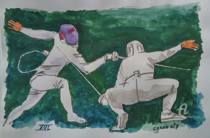 「Escrime sportife "T…」というタイトルの絵画 Slobodan Spasojevic (Spaki)によって, オリジナルのアートワーク, 水彩画