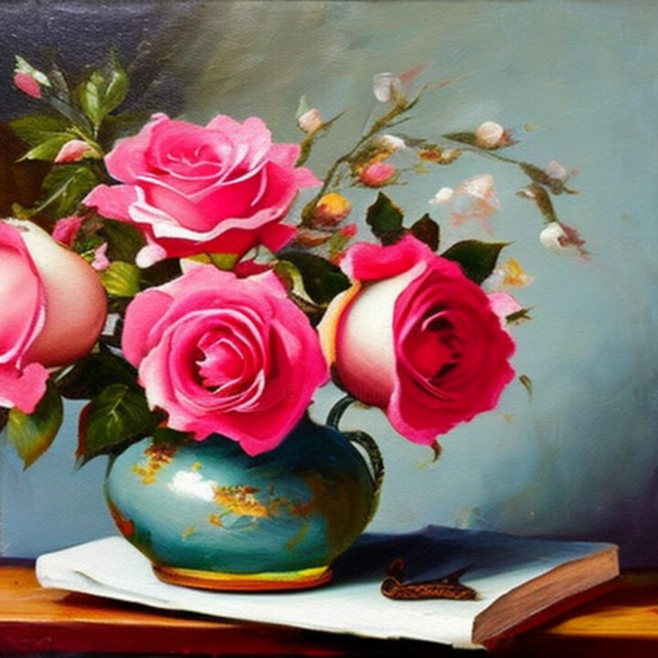 Digitale Kunst mit dem Titel "Roses in turquoise…" von Slobodanka Ivancevic, Original-Kunstwerk, KI-generiertes Bild