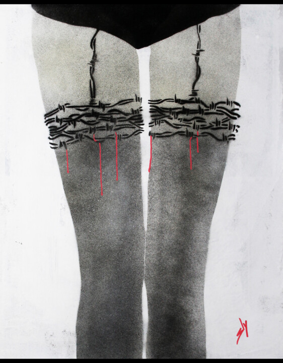 Peinture intitulée "Barbed wire stockin…" par Sly Art, Œuvre d'art originale, Acrylique