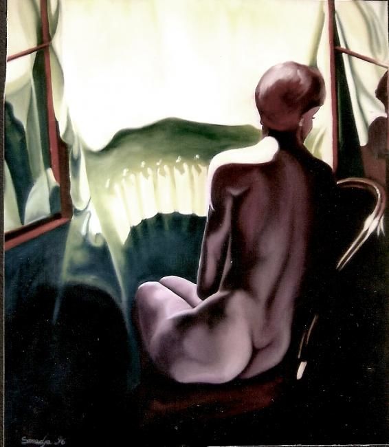 Femme à la Fenêtre - Painting, 55x65 cm ©1996 by Isabelle Smadja -