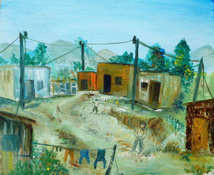 Schilderij getiteld "township-3" door Charles, Origineel Kunstwerk, Olie