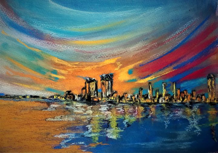 Painting titled "San Diego,skyline" by Benny Smet, Original Artwork, Pastel