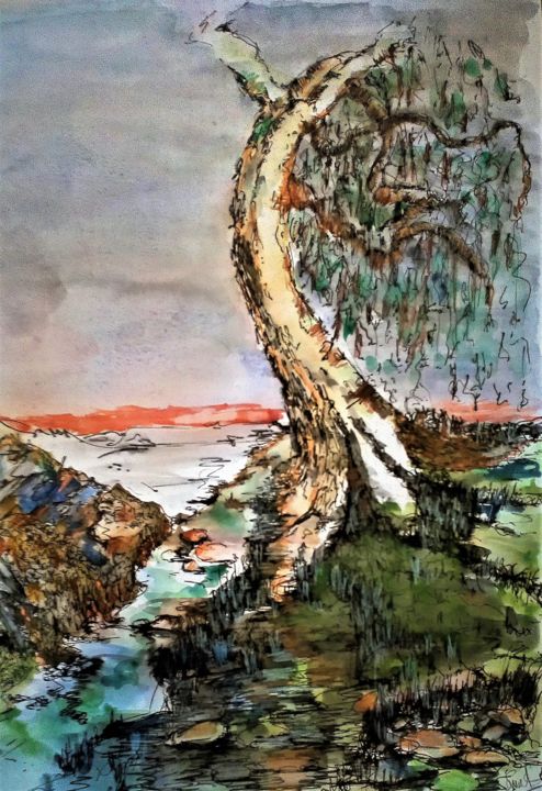 Painting titled "The one armed tree." by Benny Smet, Original Artwork, Watercolor