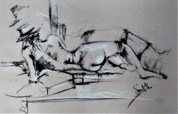 Drawing titled "Woman,reading lyrics" by Benny Smet, Original Artwork, Charcoal