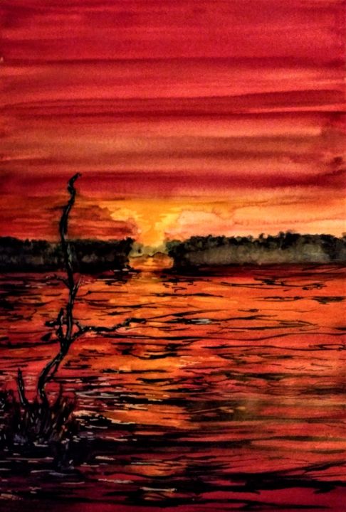 Painting titled "Donau delta,Romania" by Benny Smet, Original Artwork, Watercolor