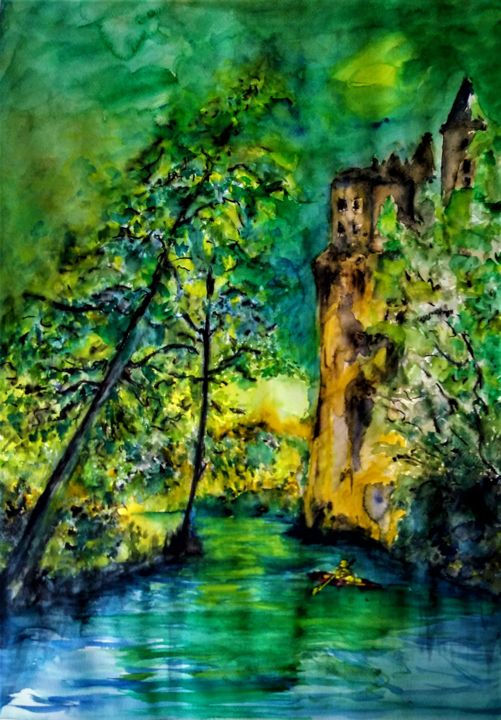Painting titled "L'ourthe" by Benny Smet, Original Artwork, Watercolor